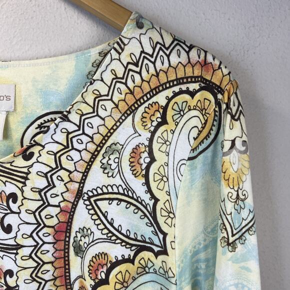 Chico's 2 chicos large Cream Mandala Angled Alyssa Ruched Sleeve Shirt bohemian - Picture 2 of 12